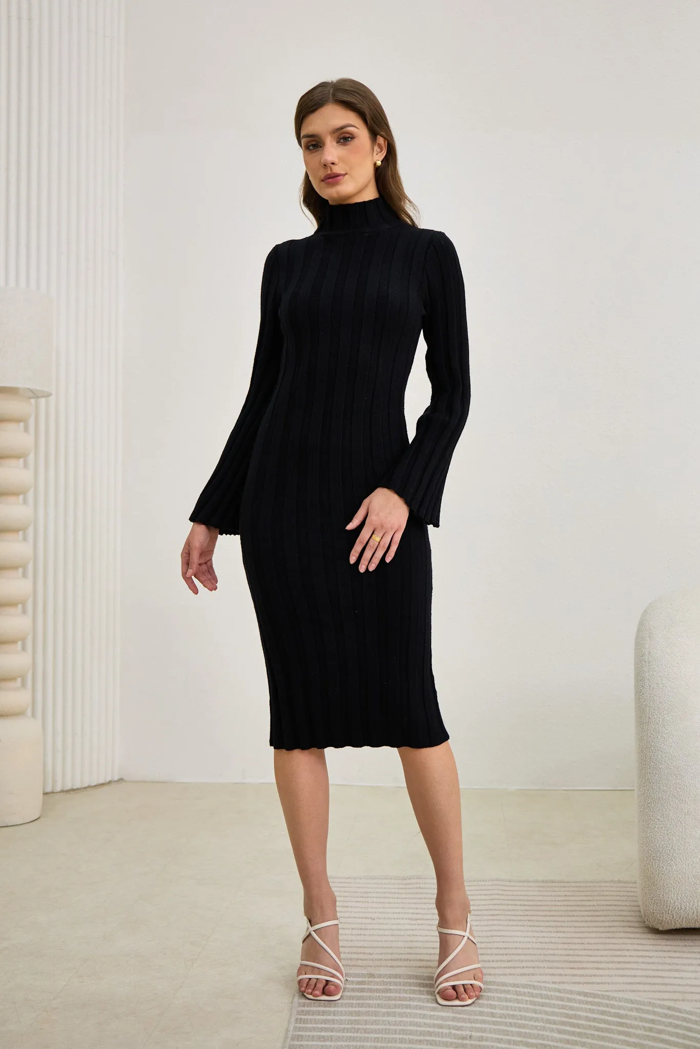 Lexi Black Flute Sleeve Knit Midi Dress