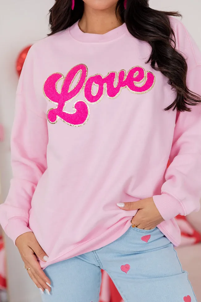 Love Script Chenille Patch Light Pink Oversized Graphic Sweatshirt FINAL SALE