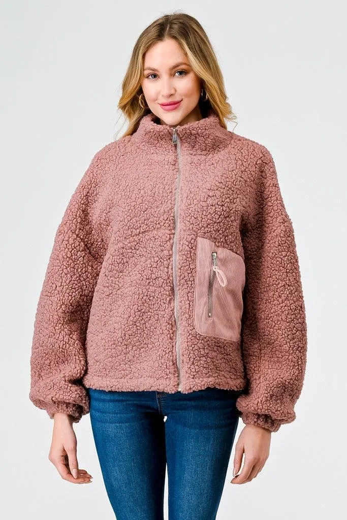 Mauve Sherpa Zip-Up Long Sleeve One Pocket Mock Neck Jacket /2-2-2