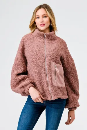 Mauve Sherpa Zip-Up Long Sleeve One Pocket Mock Neck Jacket /2-2-2