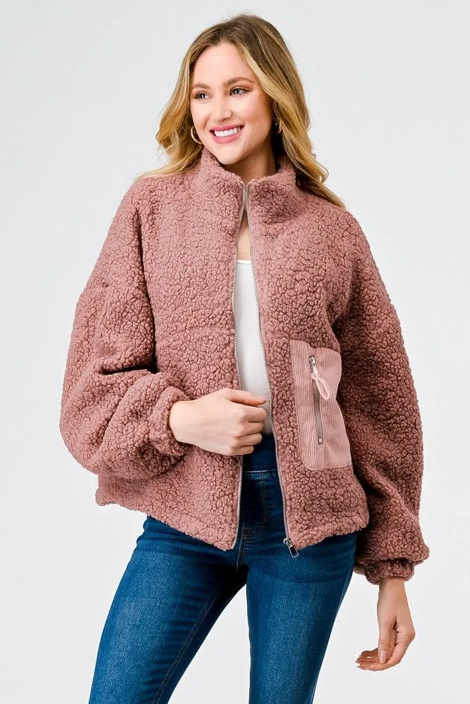 Mauve Sherpa Zip-Up Long Sleeve One Pocket Mock Neck Jacket /2-2-2