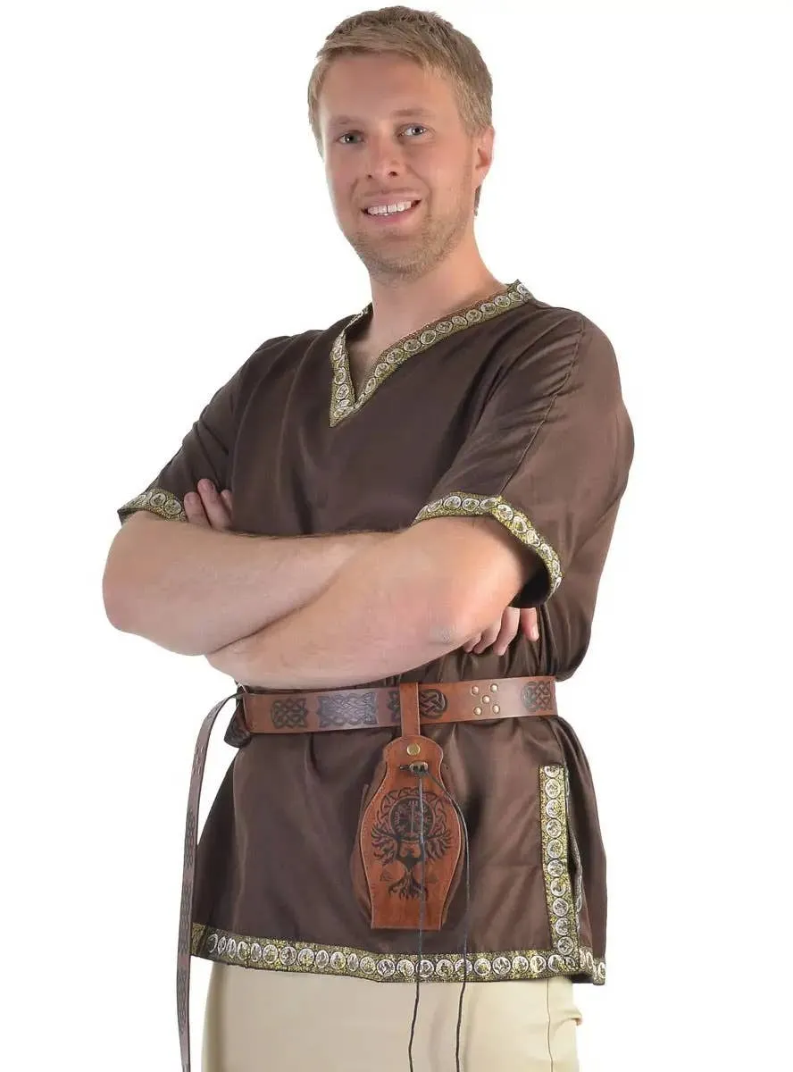 Medieval Mens Plus Size Brown Costume Shirt with Jacquard Trim