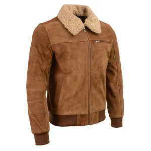 Men's Classic Beige Suede Leather Fashion Coat Jacket w/ Front Zipper Closure