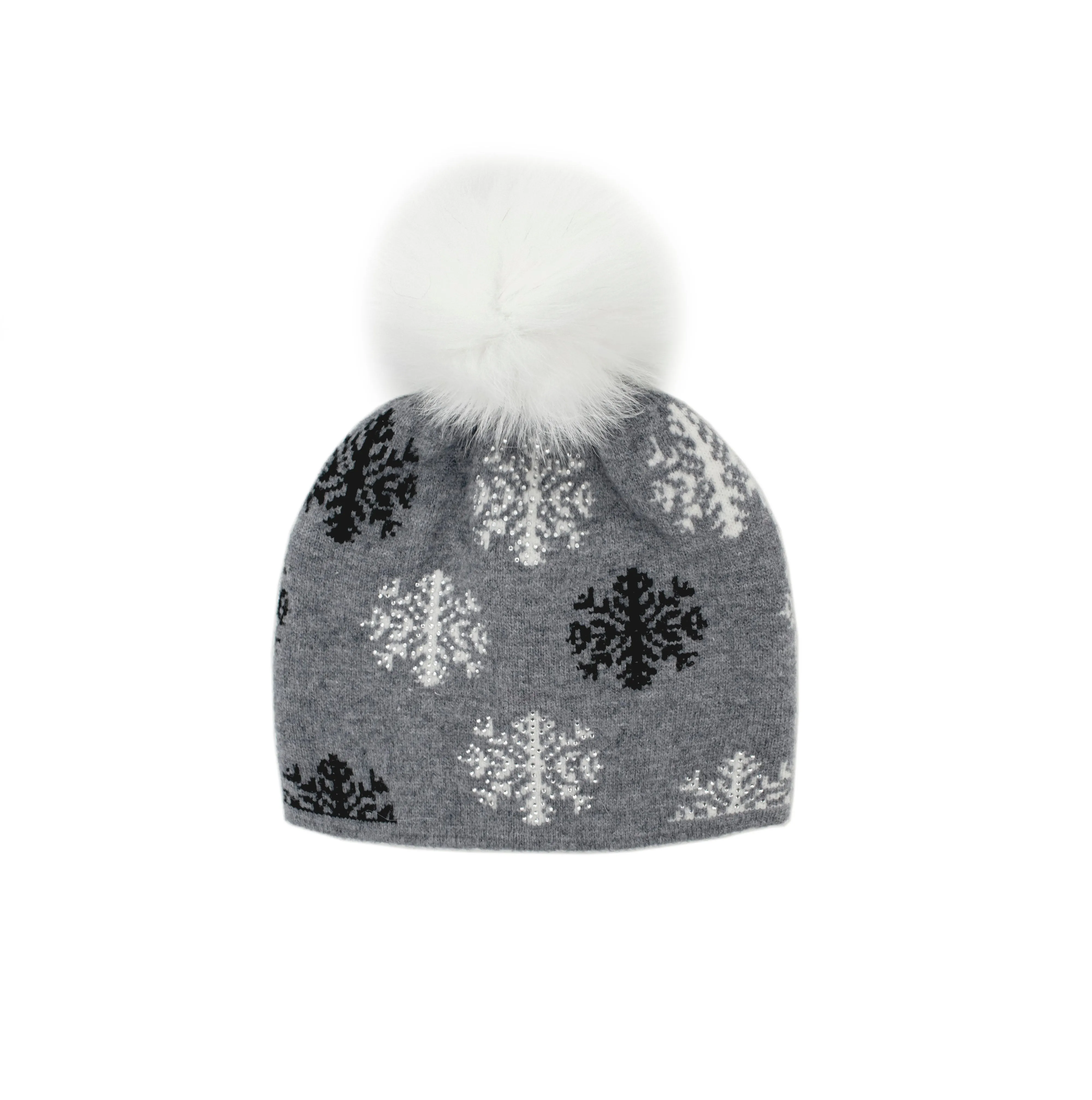 Mitchie's | Scattered Snowflakes Knitted Hat with Fox Fur Pom