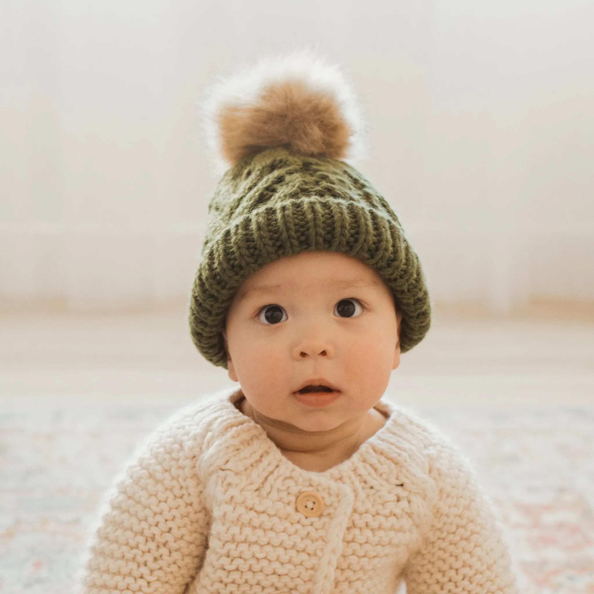 Mossy Pop Pom Pom Beanie Hat