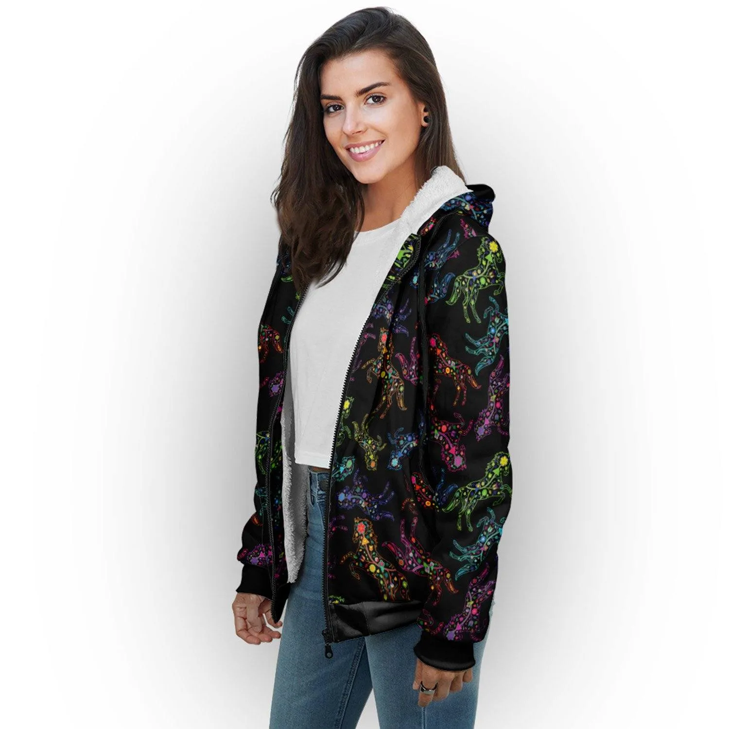 Neon Floral Horses Sherpa Hoodie