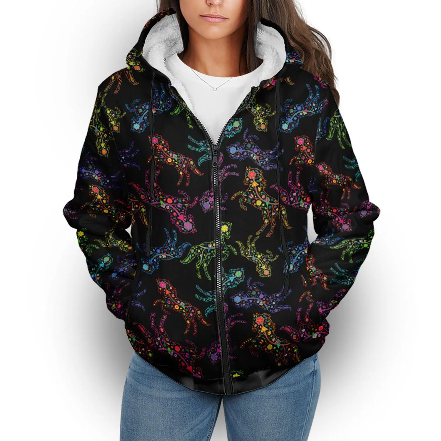 Neon Floral Horses Sherpa Hoodie