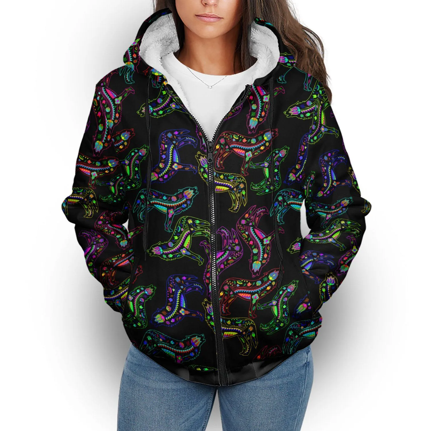 Neon Floral Wolves Sherpa Hoodie