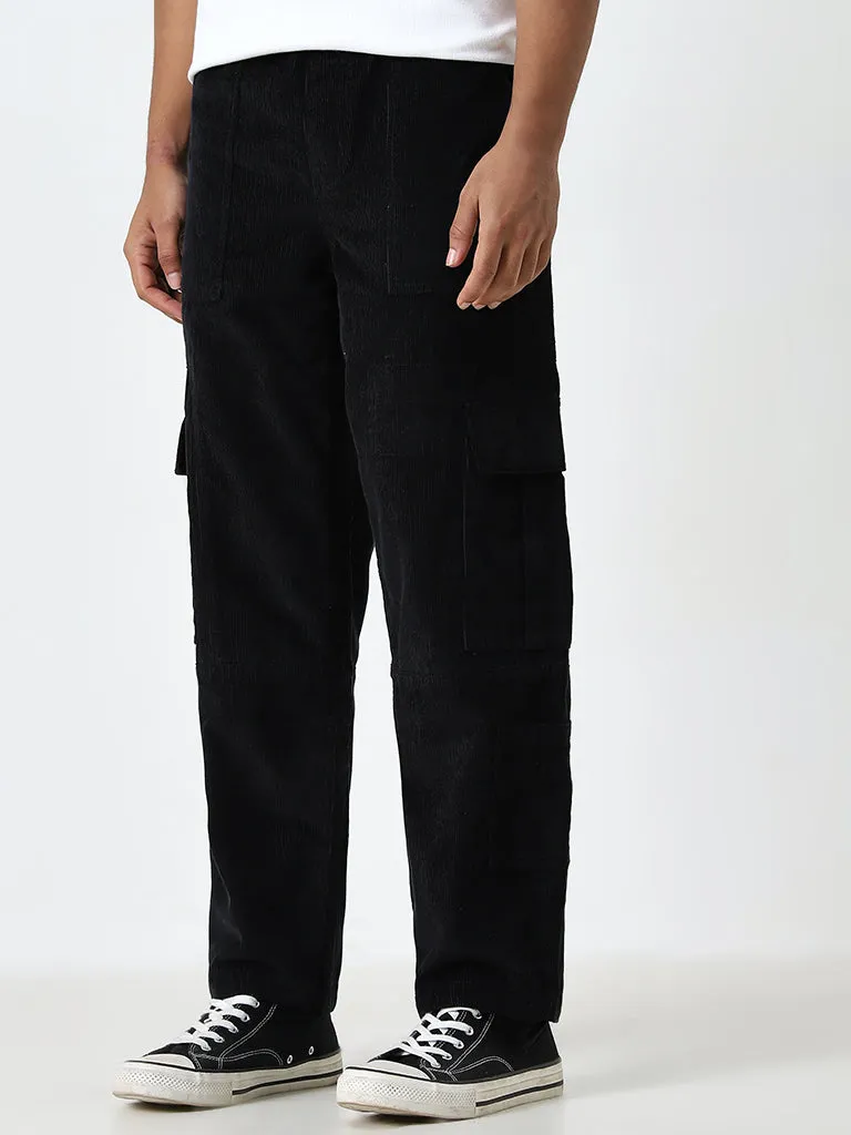 Nuon Black Relaxed-Fit Mid-Rise Corduroy Cotton Chinos