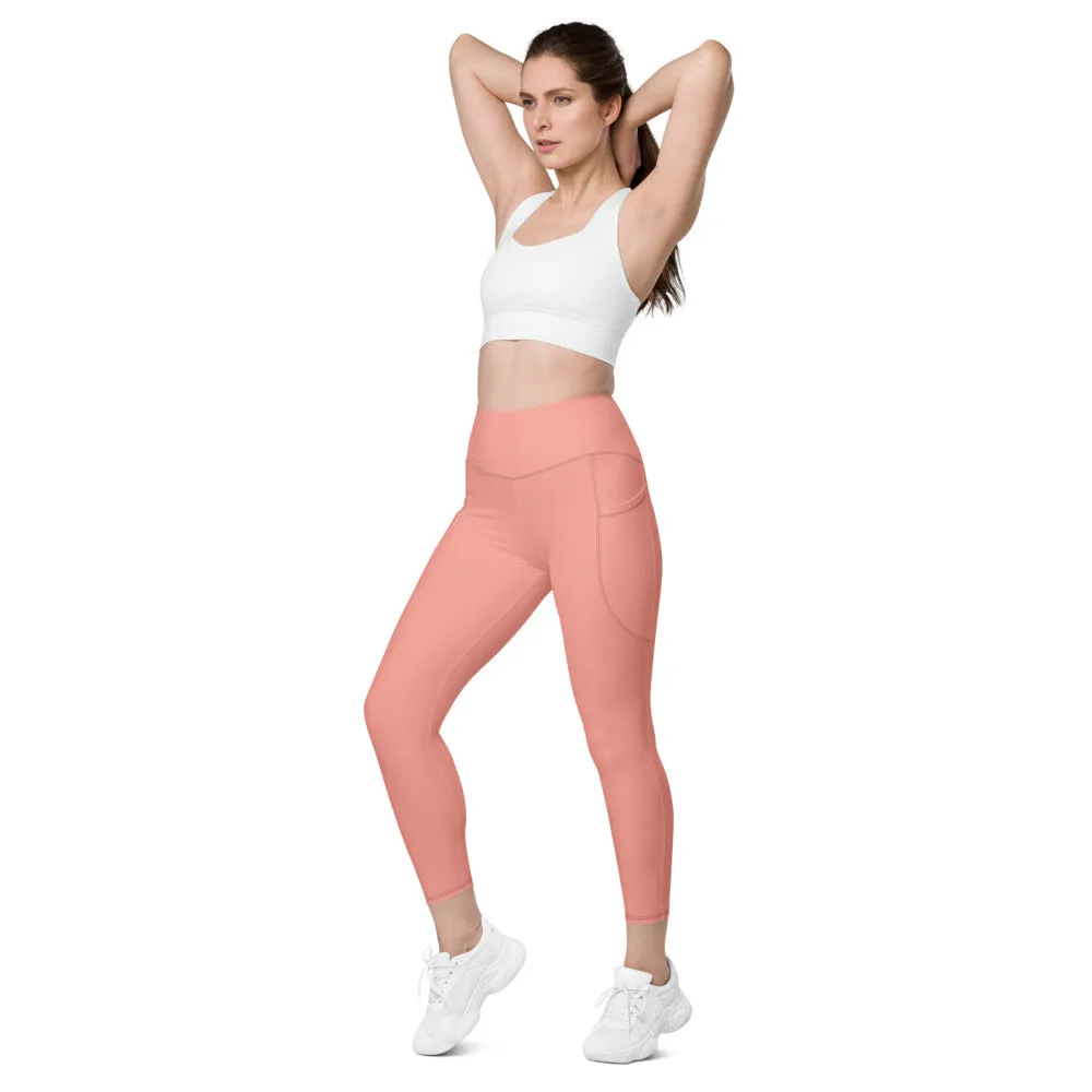 Pastel Pink Women's Tights, Solid Color Best Yoga Pants With 2 Side Deep Long Pockets - Made in USA/EU/MX (US Size: 2XS-6XL)