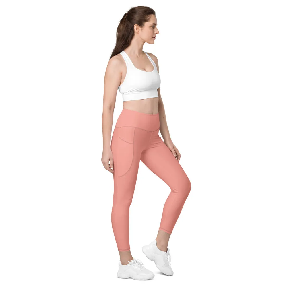 Pastel Pink Women's Tights, Solid Color Best Yoga Pants With 2 Side Deep Long Pockets - Made in USA/EU/MX (US Size: 2XS-6XL)