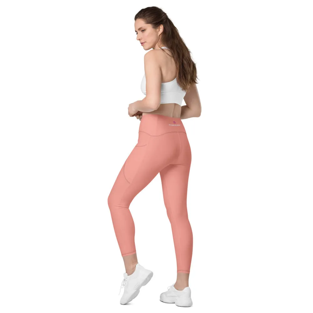 Pastel Pink Women's Tights, Solid Color Best Yoga Pants With 2 Side Deep Long Pockets - Made in USA/EU/MX (US Size: 2XS-6XL)