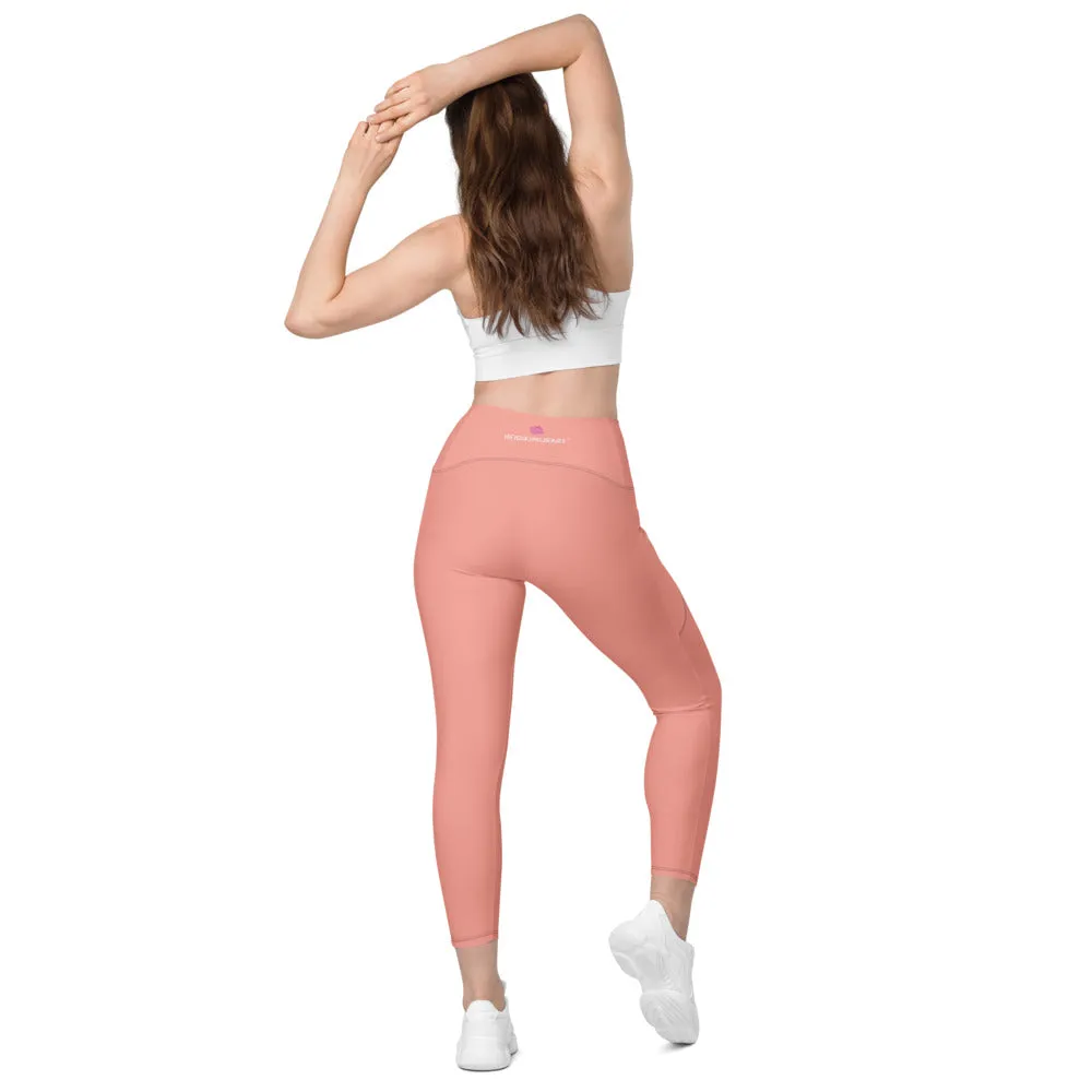 Pastel Pink Women's Tights, Solid Color Best Yoga Pants With 2 Side Deep Long Pockets - Made in USA/EU/MX (US Size: 2XS-6XL)