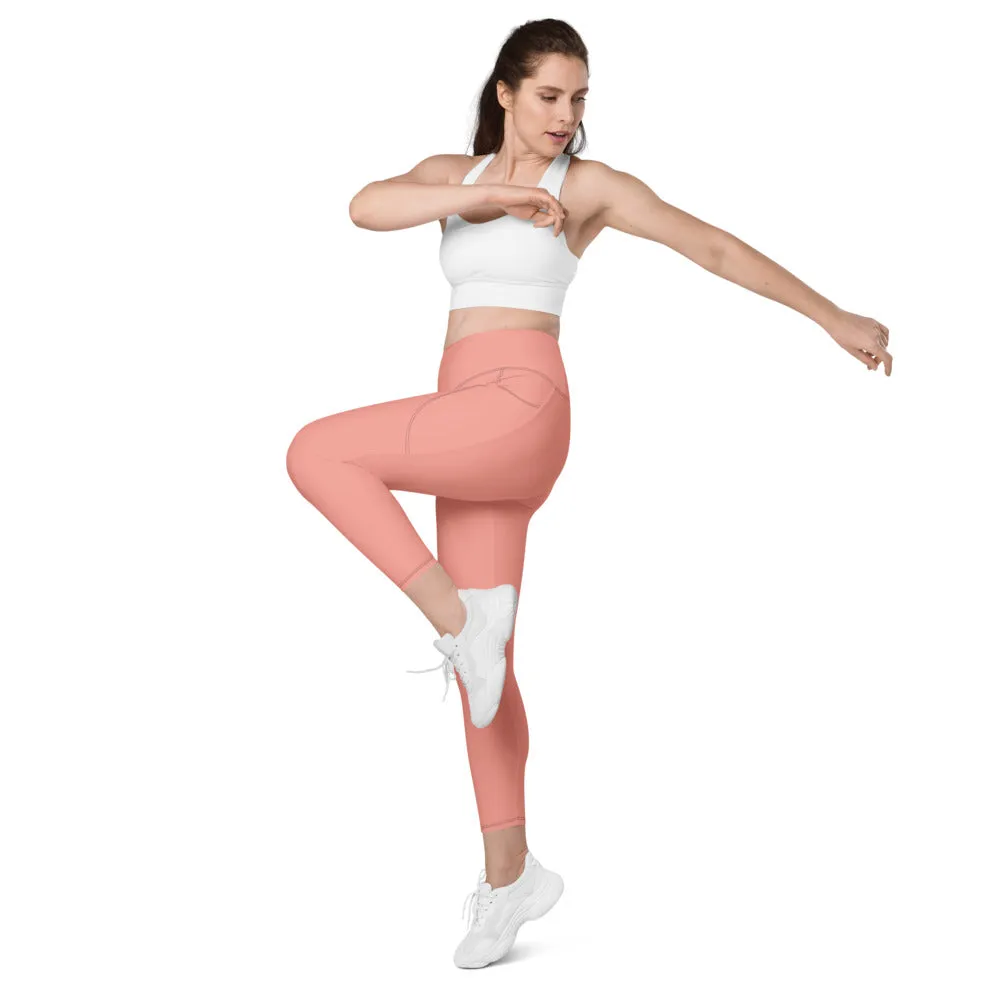 Pastel Pink Women's Tights, Solid Color Best Yoga Pants With 2 Side Deep Long Pockets - Made in USA/EU/MX (US Size: 2XS-6XL)