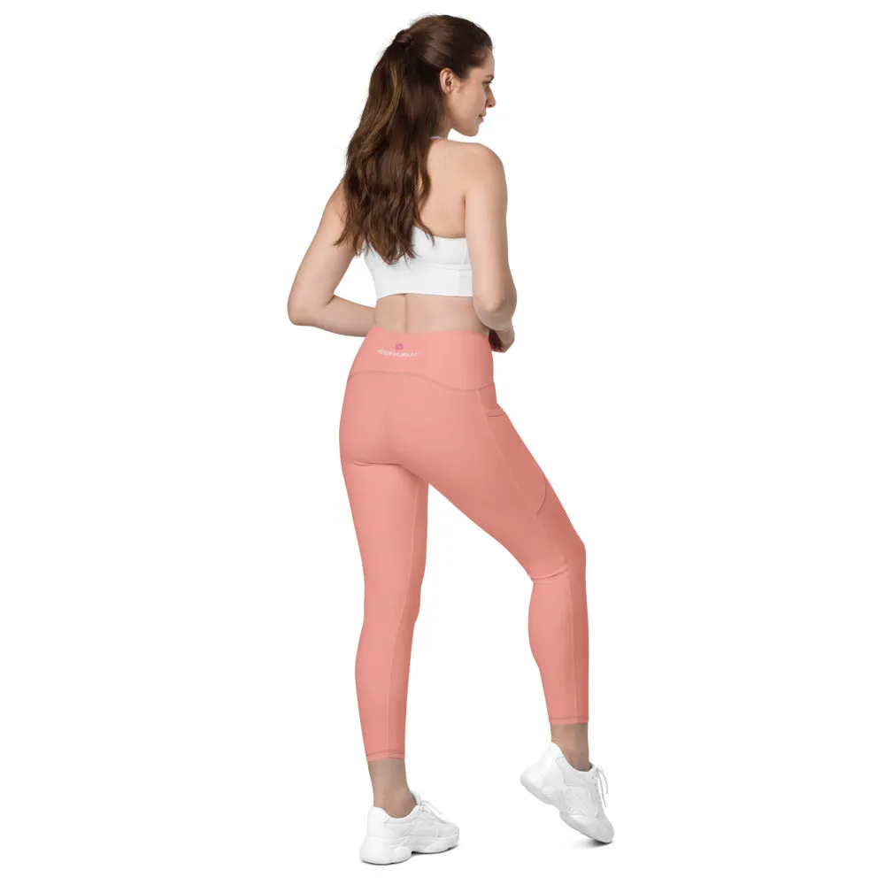 Pastel Pink Women's Tights, Solid Color Best Yoga Pants With 2 Side Deep Long Pockets - Made in USA/EU/MX (US Size: 2XS-6XL)