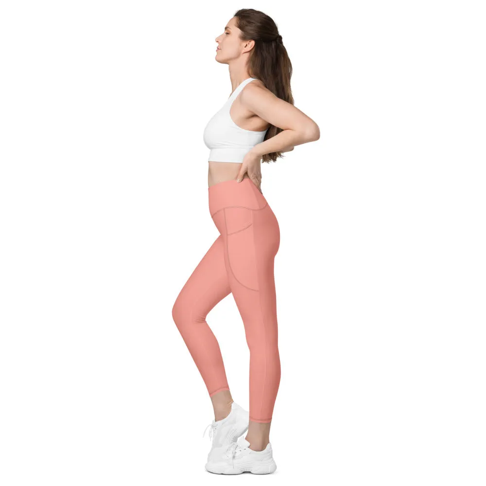 Pastel Pink Women's Tights, Solid Color Best Yoga Pants With 2 Side Deep Long Pockets - Made in USA/EU/MX (US Size: 2XS-6XL)