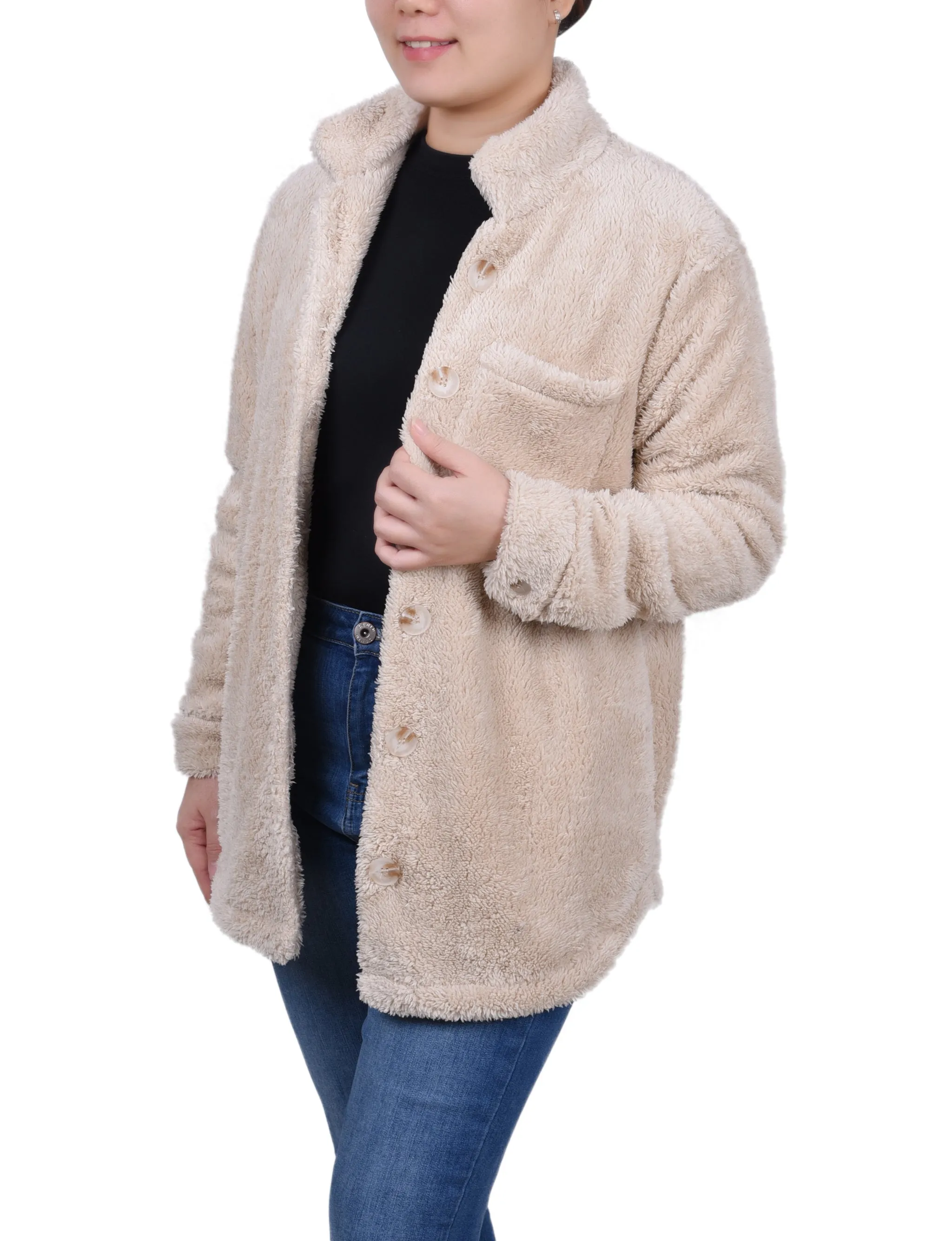 Petite Long Sleeve Button Front Sherpa Jacket