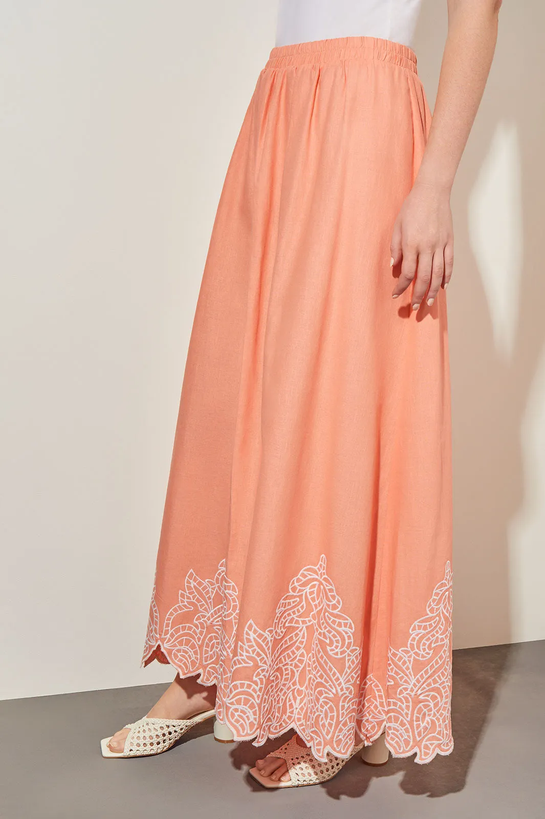 Plus Size Flare Maxi Skirt - Embroidered Hem Woven