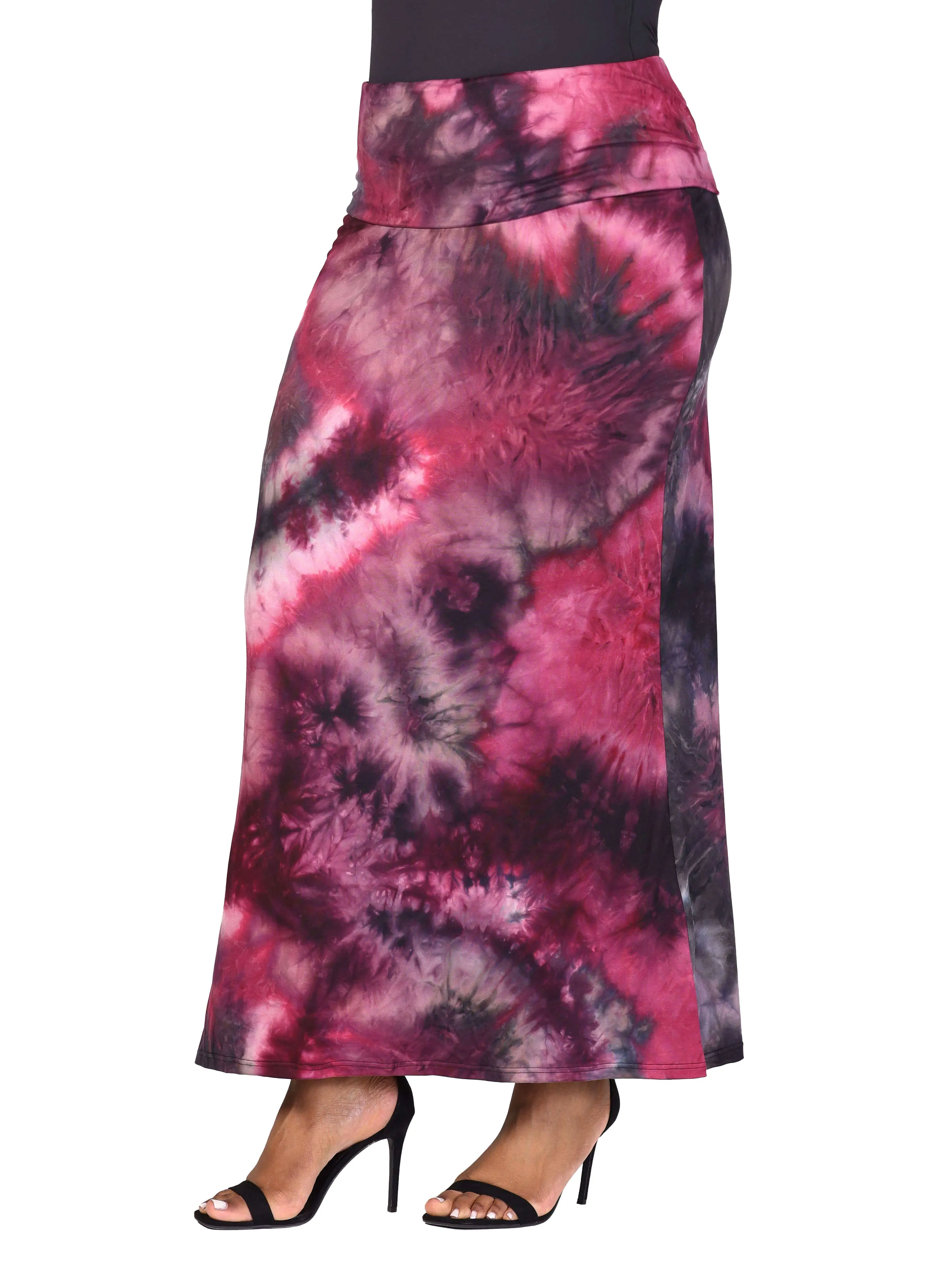 Plus Size Pink Tie Dye Fold over Waist Maxi Skirt