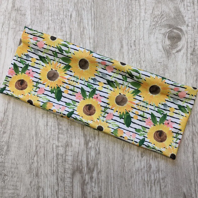 Premium, custom printed fabric, wide comfy jersey knit band, hat band, sunflowers