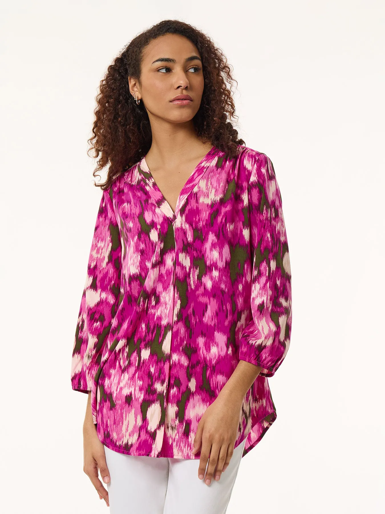 Printed V-Neck Pleated Kelly Blouse, Crepe De Chine