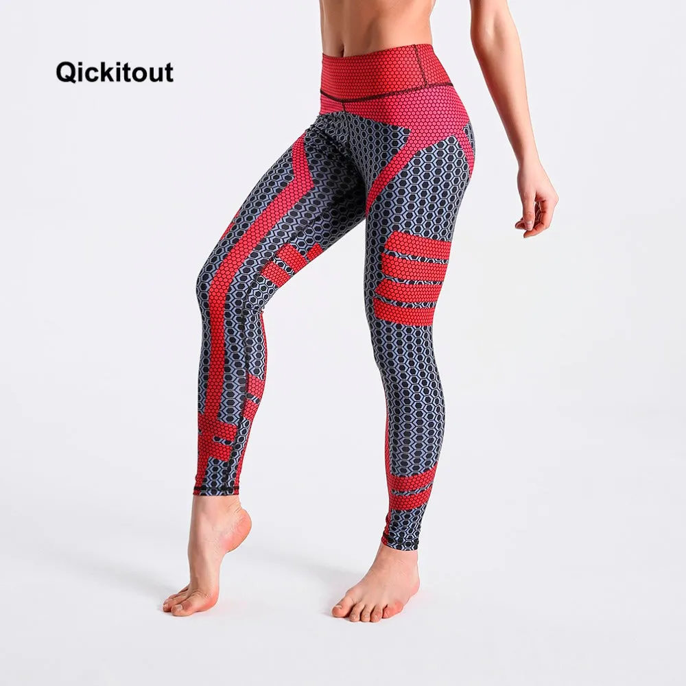 Qickitout Casual Personally Leggings Long Pants High Waist Pants Red Black Plaid Print Fitness Quick Drying Clothes