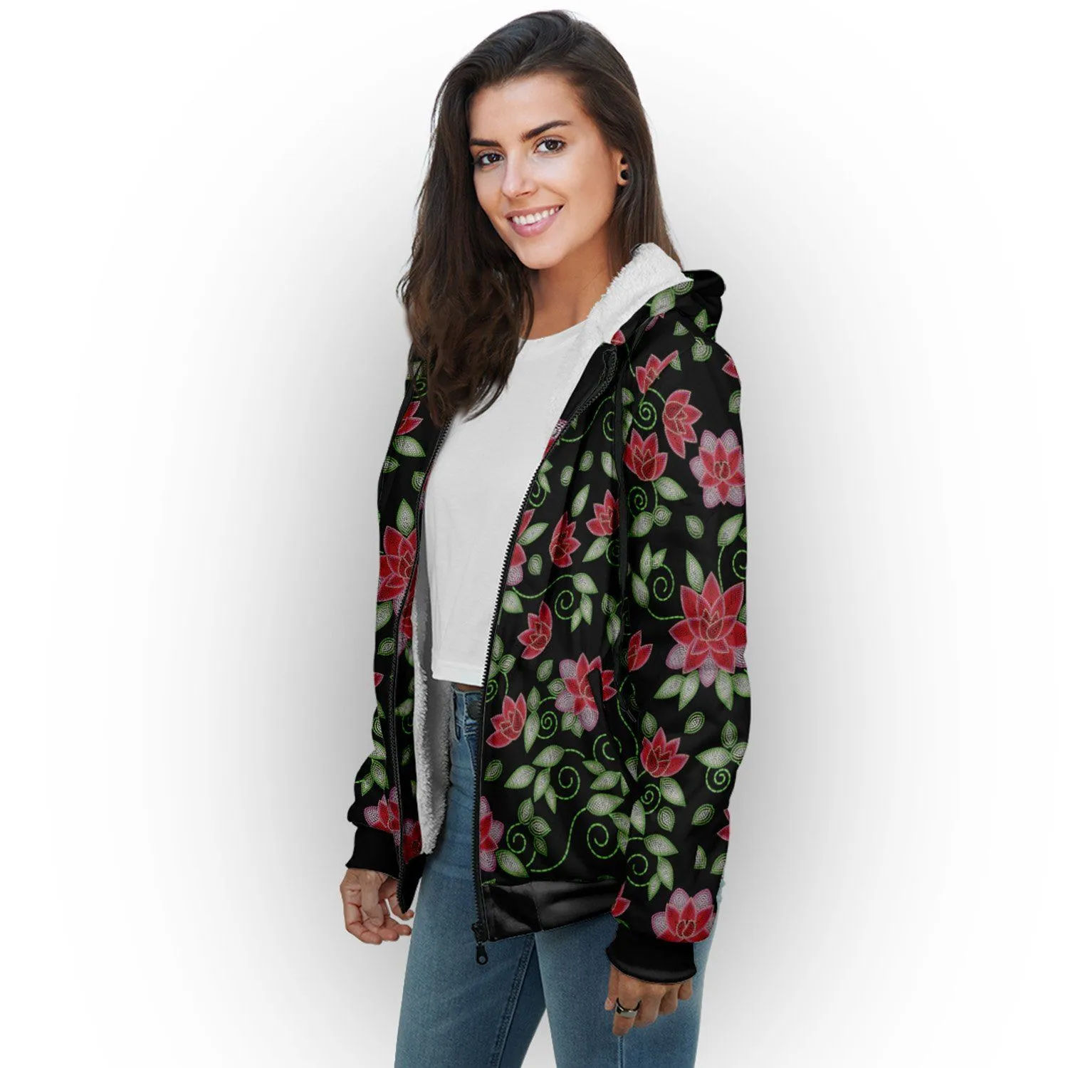 Red Beaded Rose Sherpa Hoodie