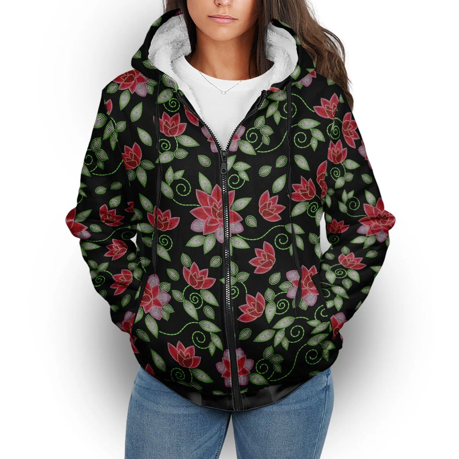 Red Beaded Rose Sherpa Hoodie