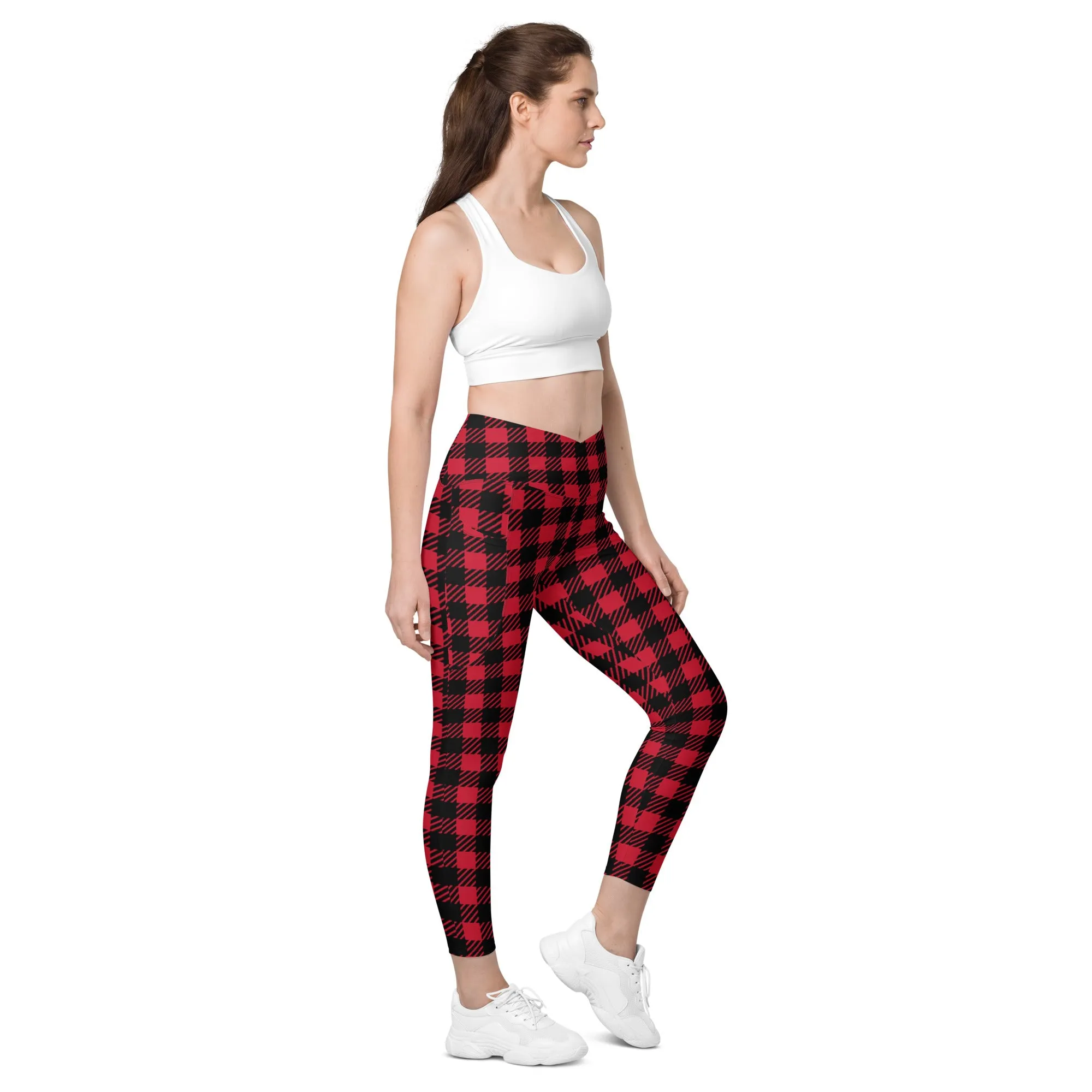 Red Plaid Print Women's Tights, Best Plaid Print Women's Crossover Leggings With Pockets For Ladies - Made in USA/EU/MX