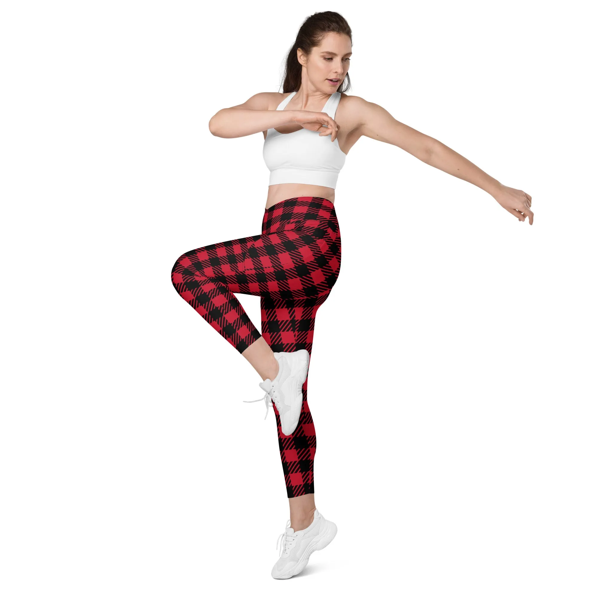 Red Plaid Print Women's Tights, Best Plaid Print Women's Crossover Leggings With Pockets For Ladies - Made in USA/EU/MX