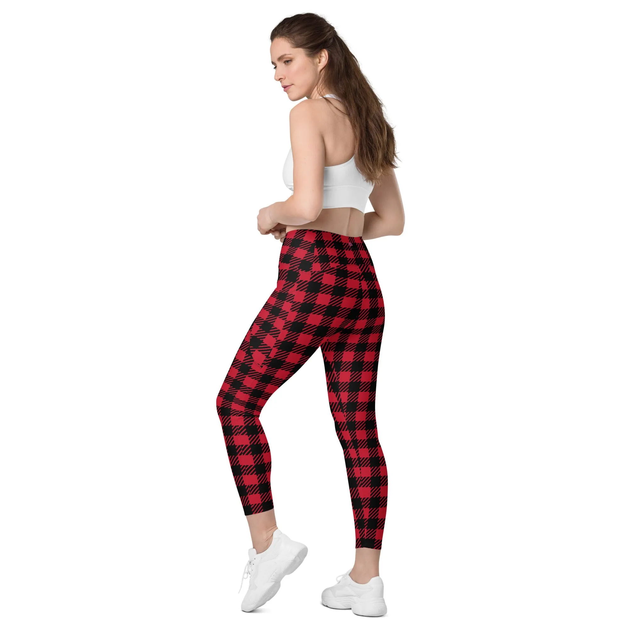 Red Plaid Print Women's Tights, Best Plaid Print Women's Crossover Leggings With Pockets For Ladies - Made in USA/EU/MX