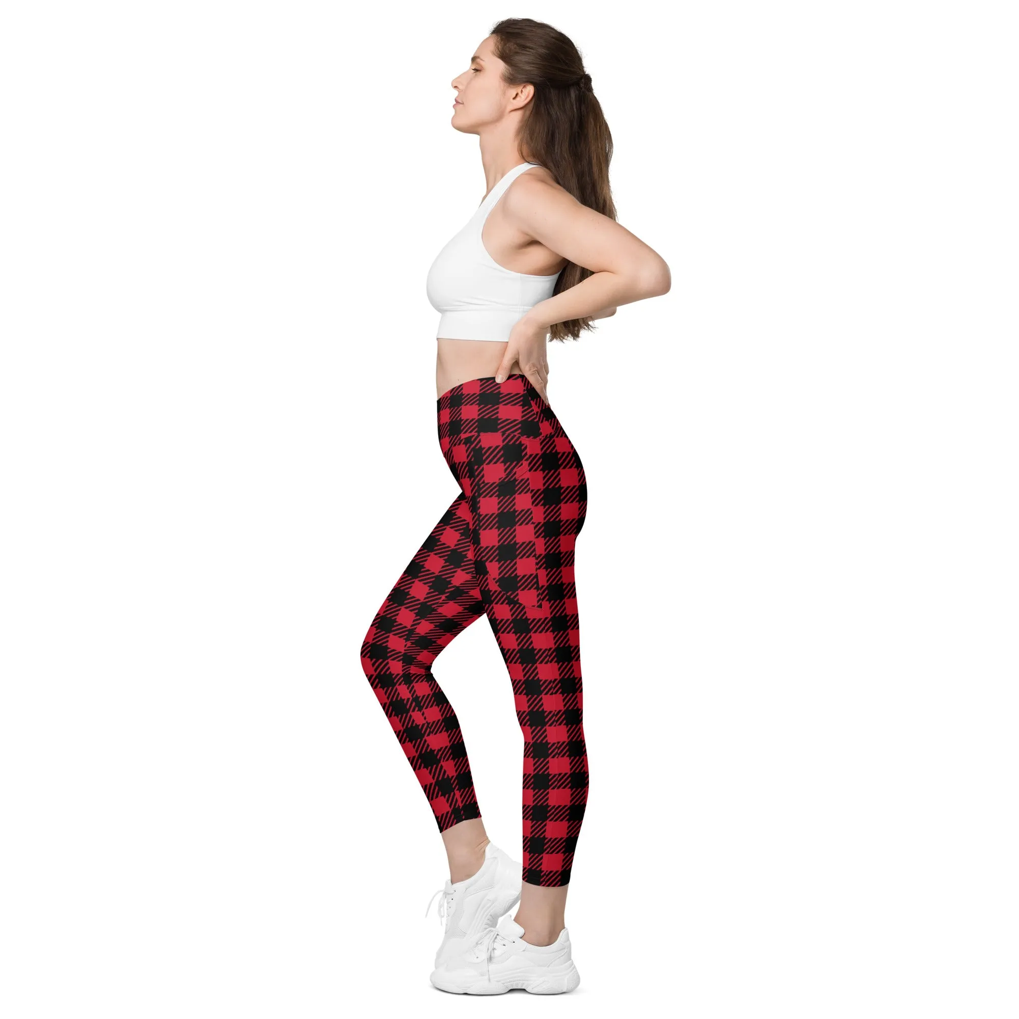 Red Plaid Print Women's Tights, Best Plaid Print Women's Crossover Leggings With Pockets For Ladies - Made in USA/EU/MX