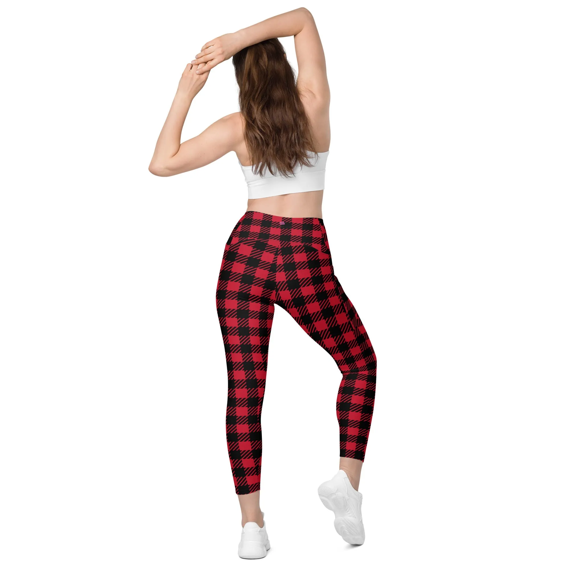 Red Plaid Print Women's Tights, Best Plaid Print Women's Crossover Leggings With Pockets For Ladies - Made in USA/EU/MX