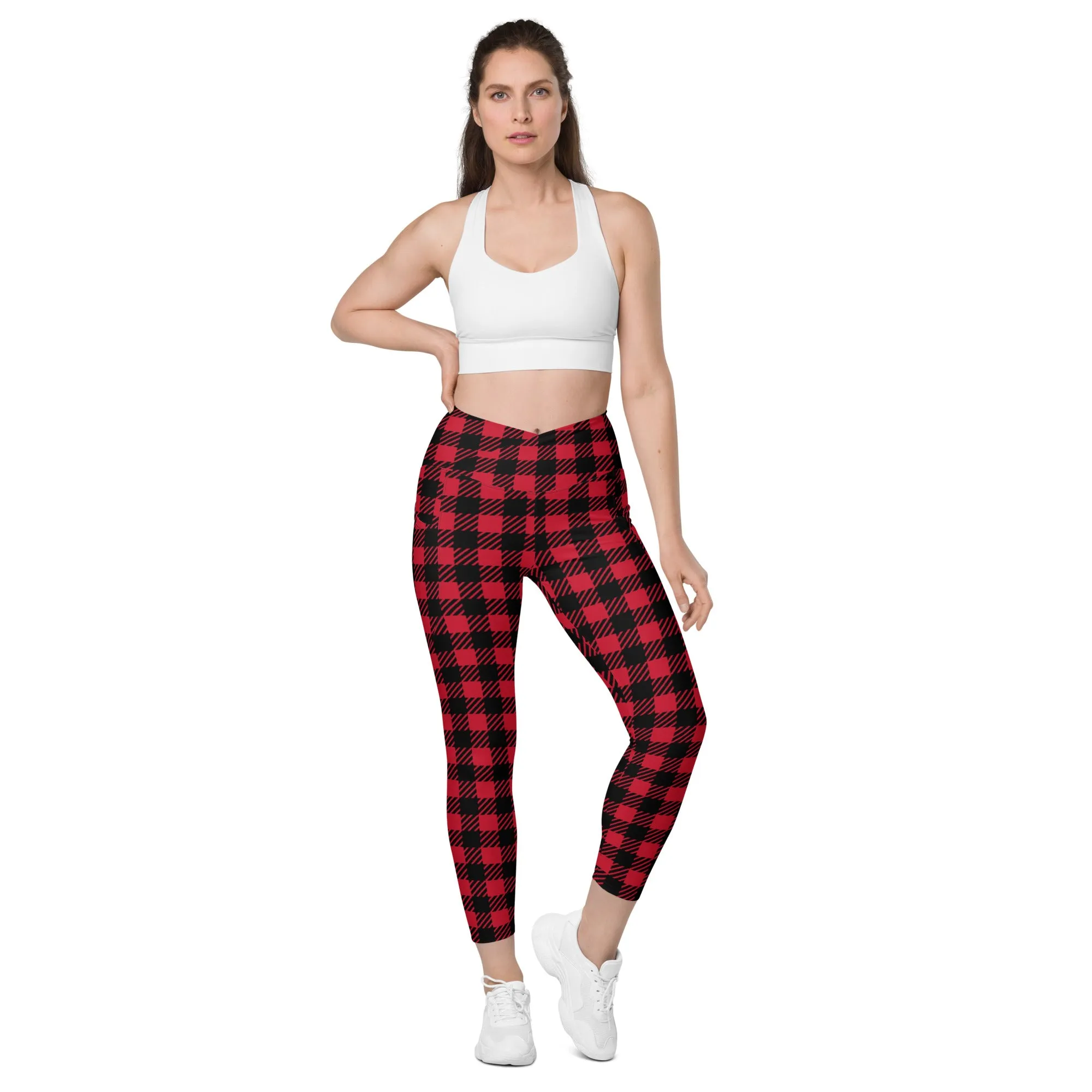 Red Plaid Print Women's Tights, Best Plaid Print Women's Crossover Leggings With Pockets For Ladies - Made in USA/EU/MX