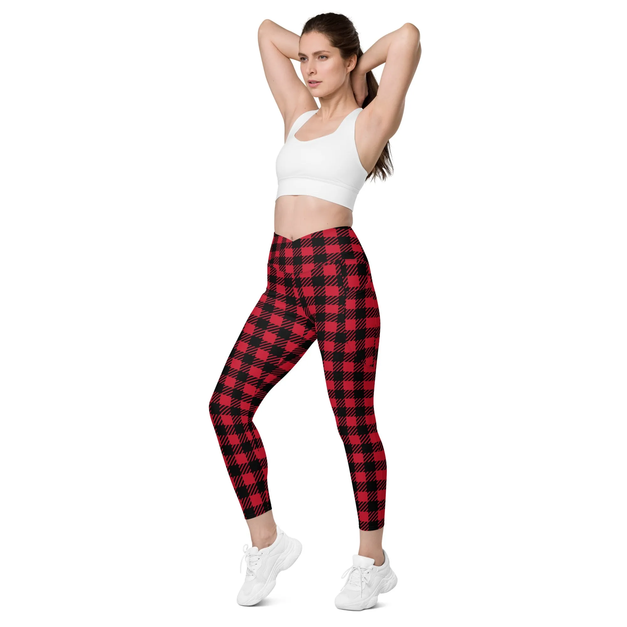 Red Plaid Print Women's Tights, Best Plaid Print Women's Crossover Leggings With Pockets For Ladies - Made in USA/EU/MX