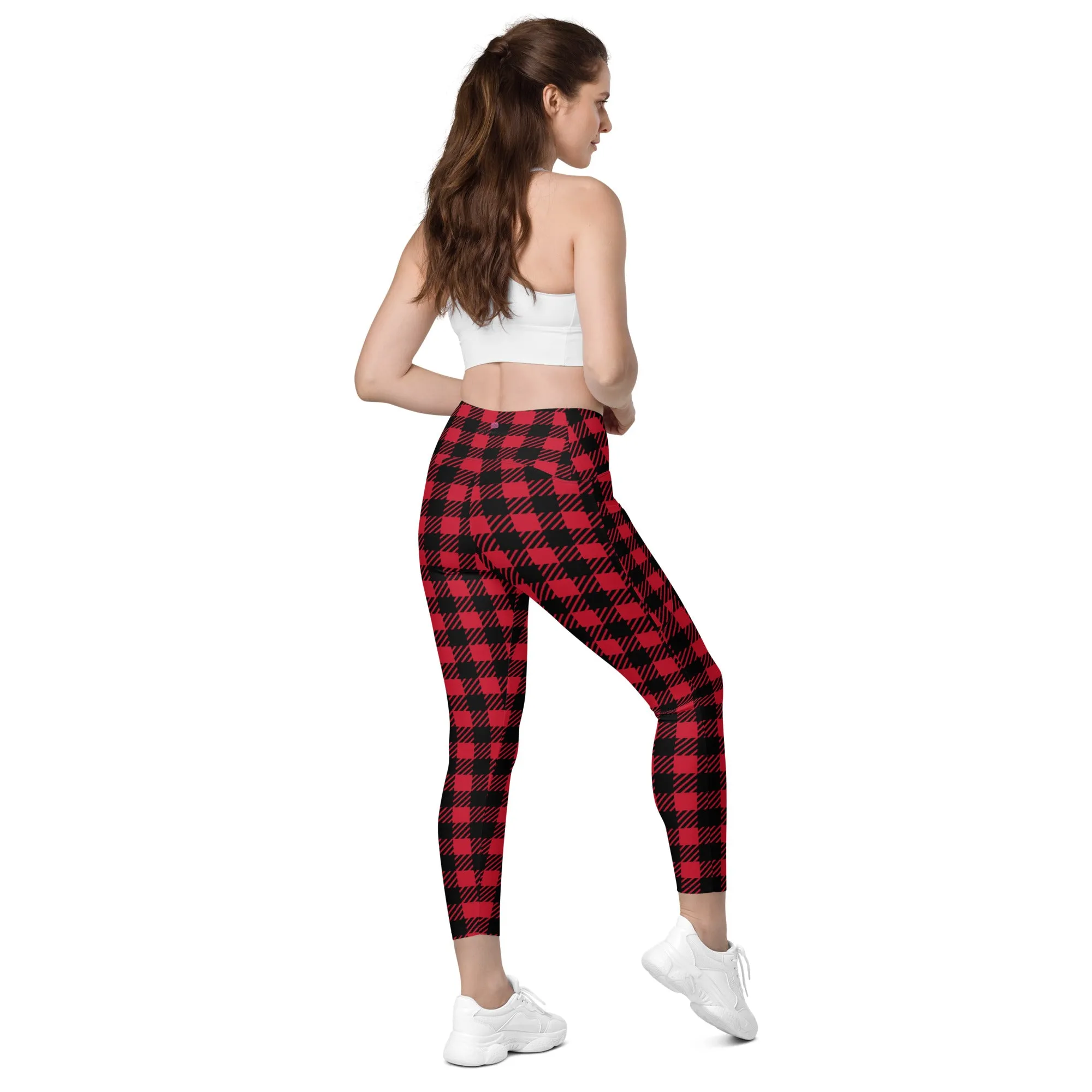 Red Plaid Print Women's Tights, Best Plaid Print Women's Crossover Leggings With Pockets For Ladies - Made in USA/EU/MX