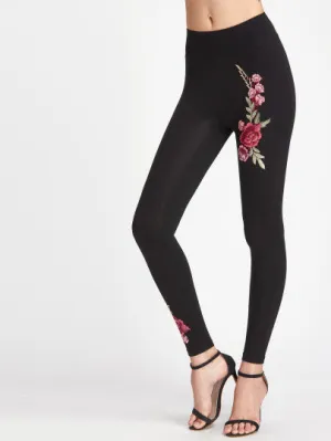 Rose embroidery detail fashion leggings