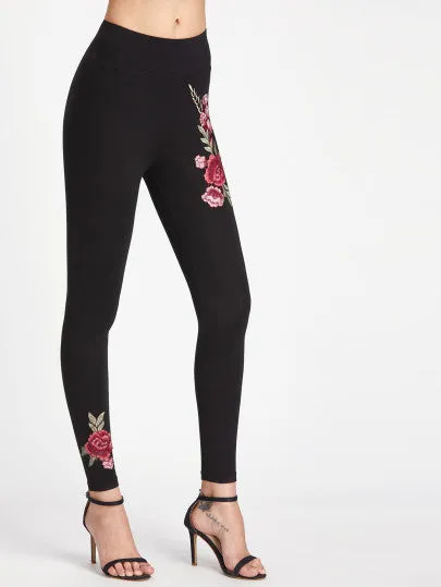 Rose embroidery detail fashion leggings