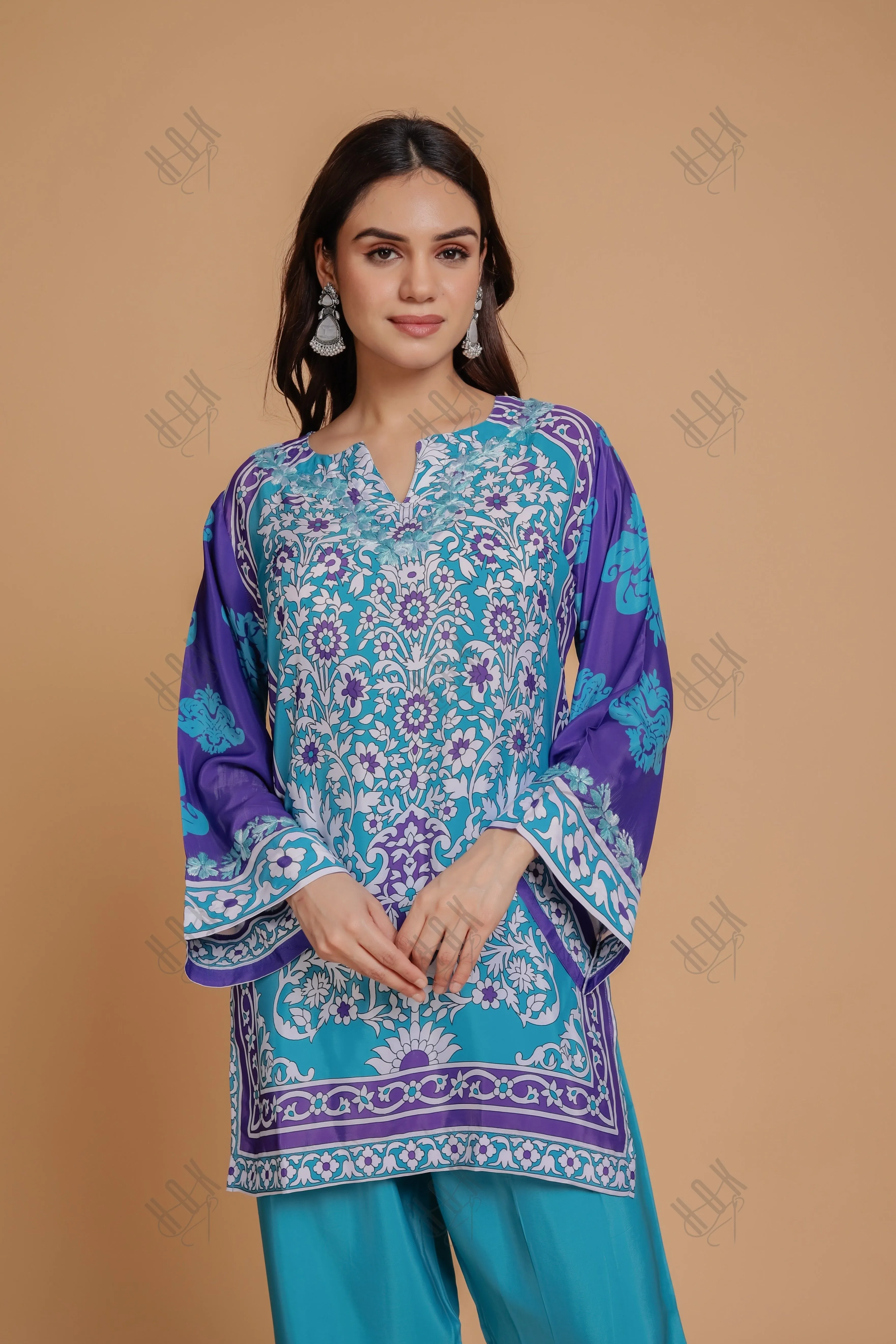 Saba Chikankari Printed Polysilk Set for Women - Blue