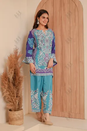 Saba Chikankari Printed Polysilk Set for Women - Blue