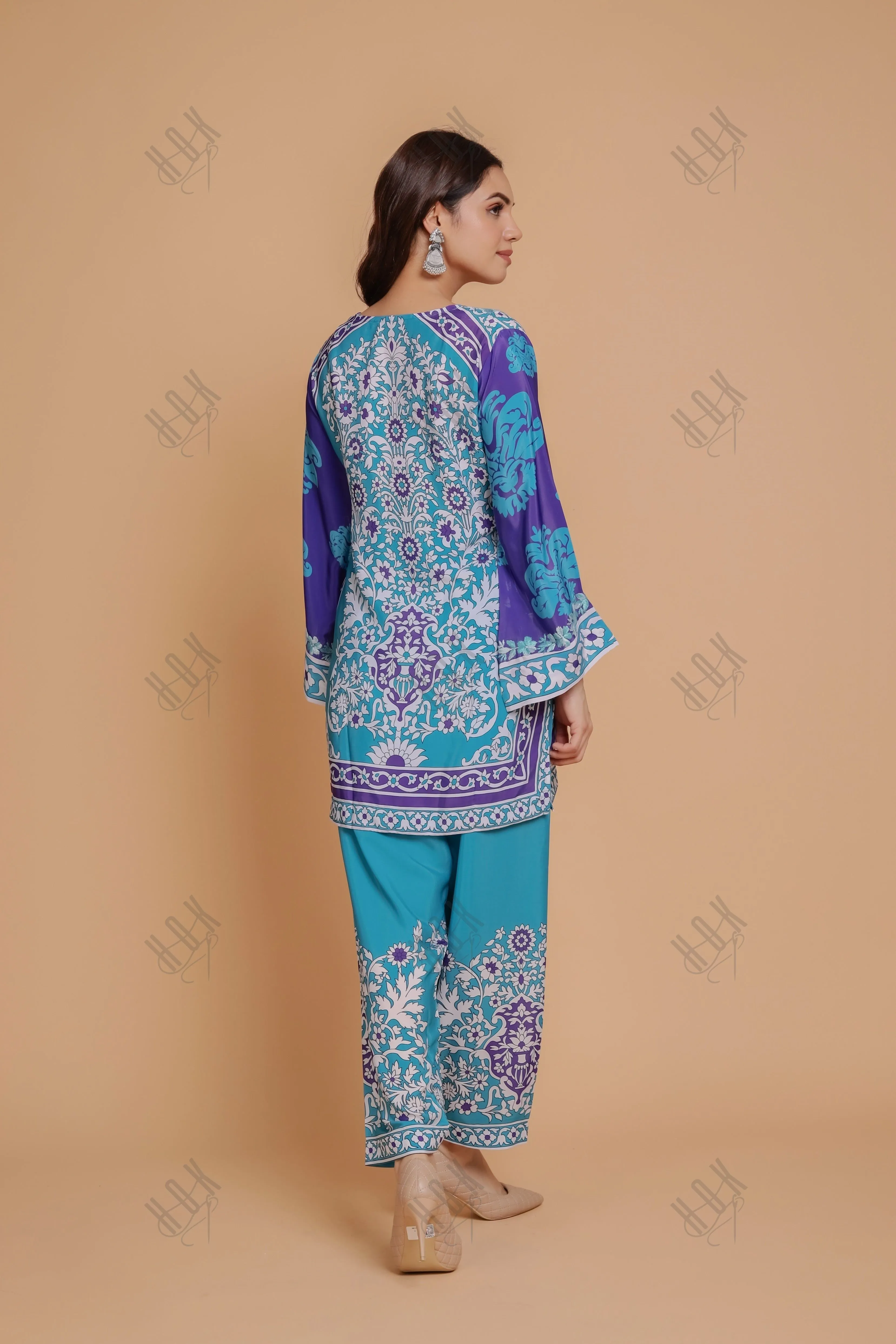 Saba Chikankari Printed Polysilk Set for Women - Blue