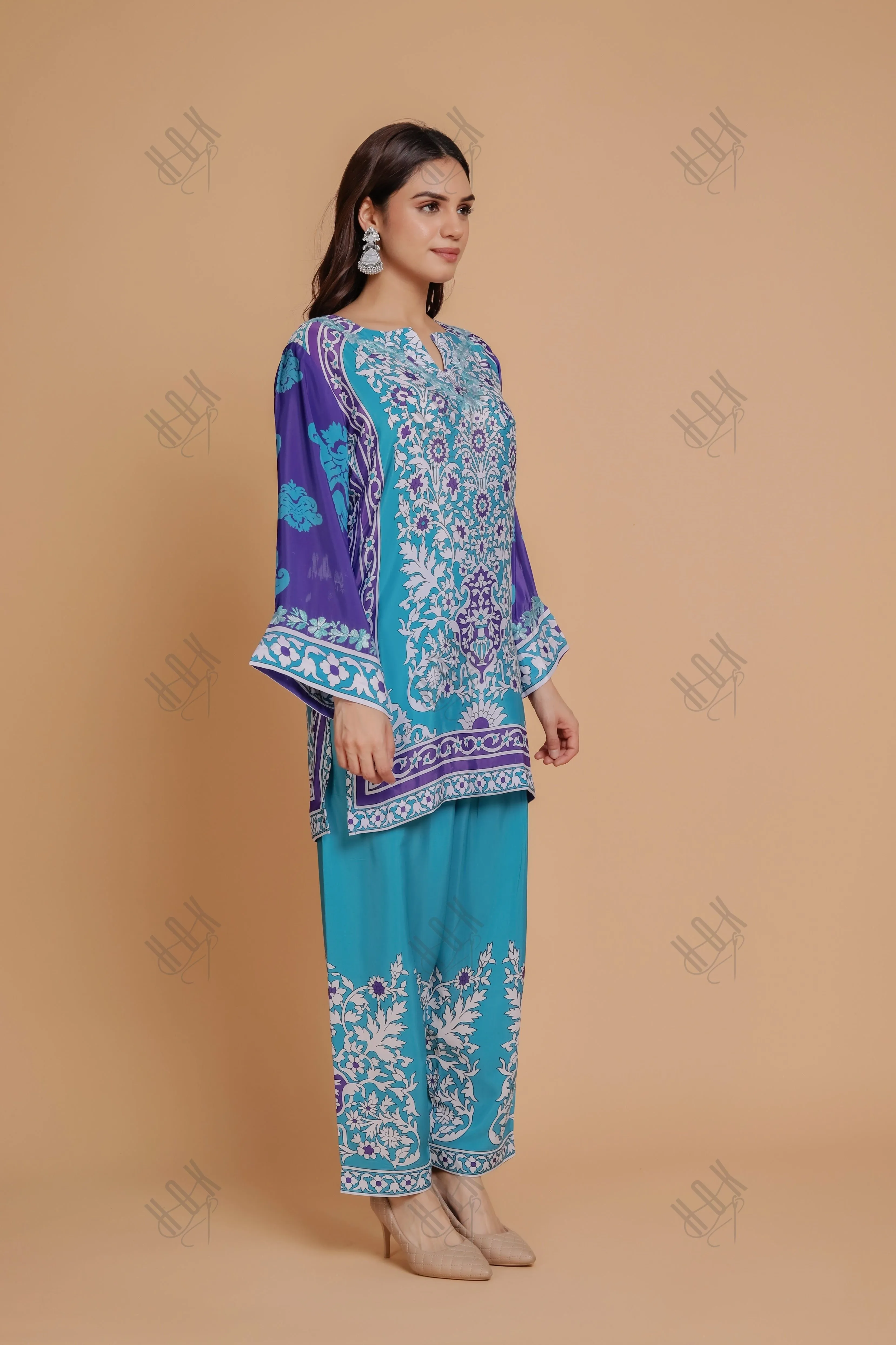 Saba Chikankari Printed Polysilk Set for Women - Blue