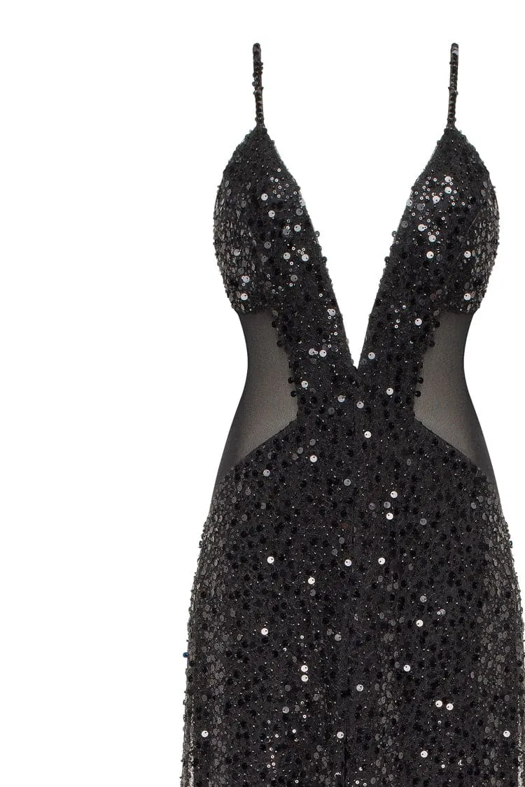 Sexy spaghetti straps black maxi covered in sequins, Smoky Quartz