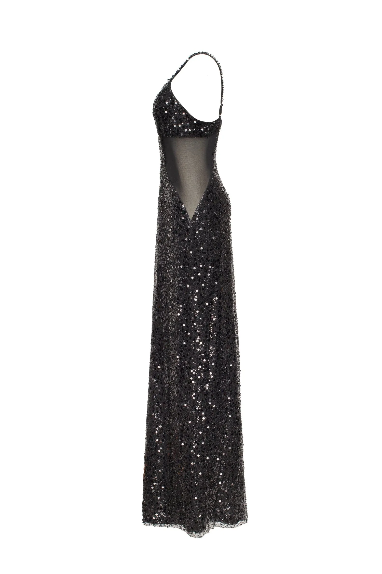 Sexy spaghetti straps black maxi covered in sequins, Smoky Quartz