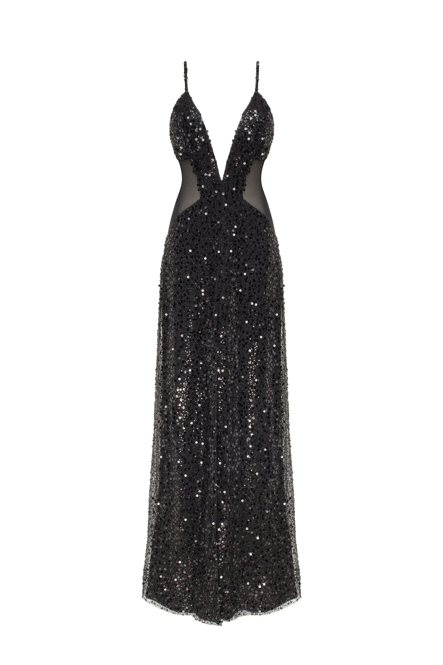 Sexy spaghetti straps black maxi covered in sequins, Smoky Quartz