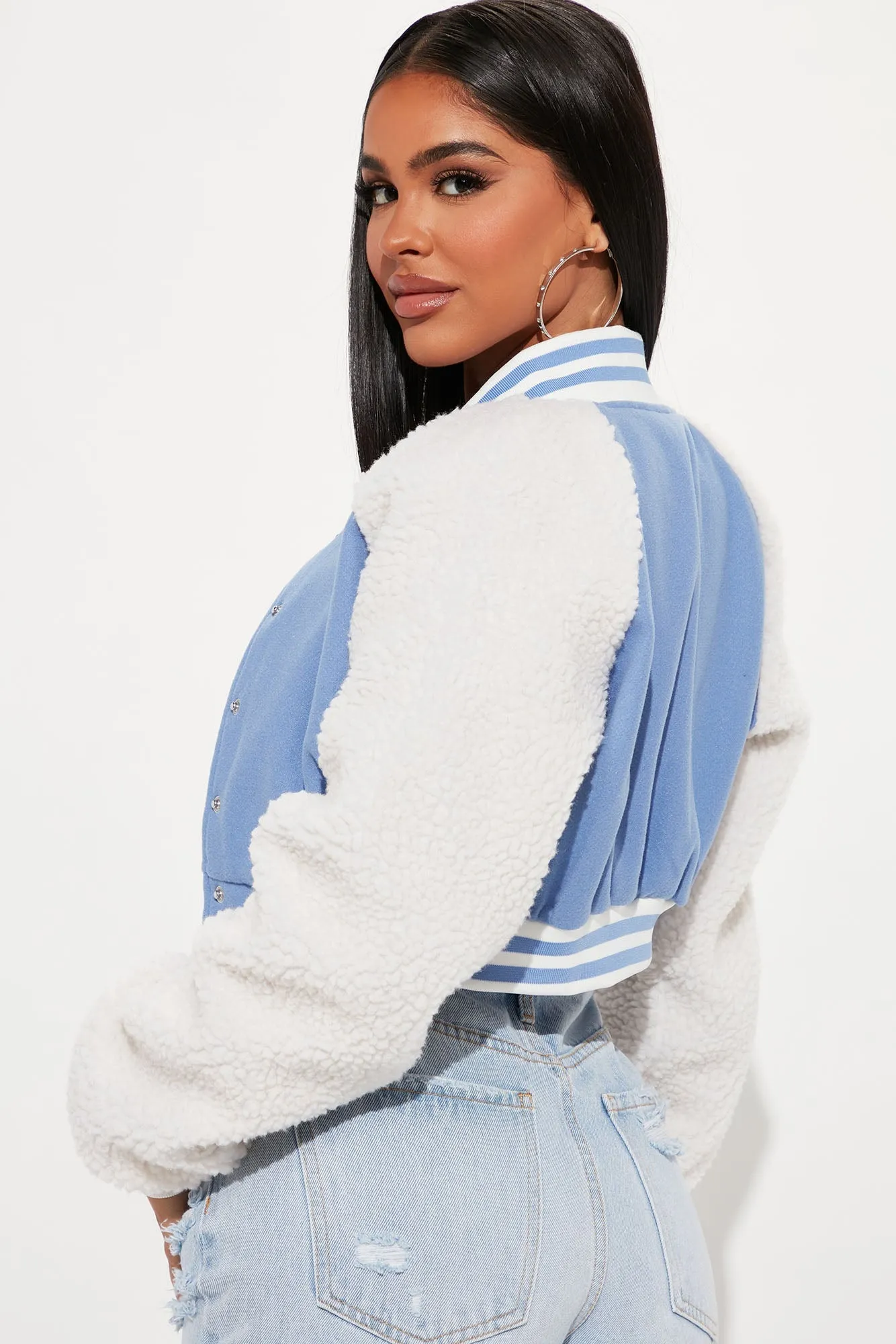 She's Popular Cropped Varsity Jacket - Light Blue