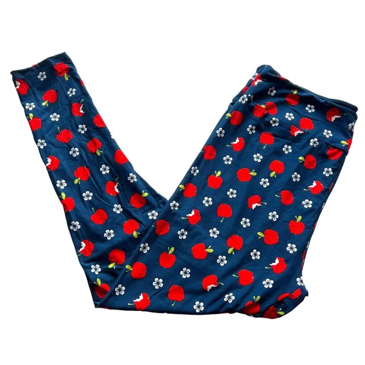 Single Print - Leggings: Navy Red Apples and Flowers