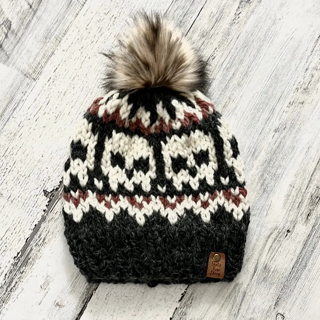 Skull Beanie with Faux Fur Pom