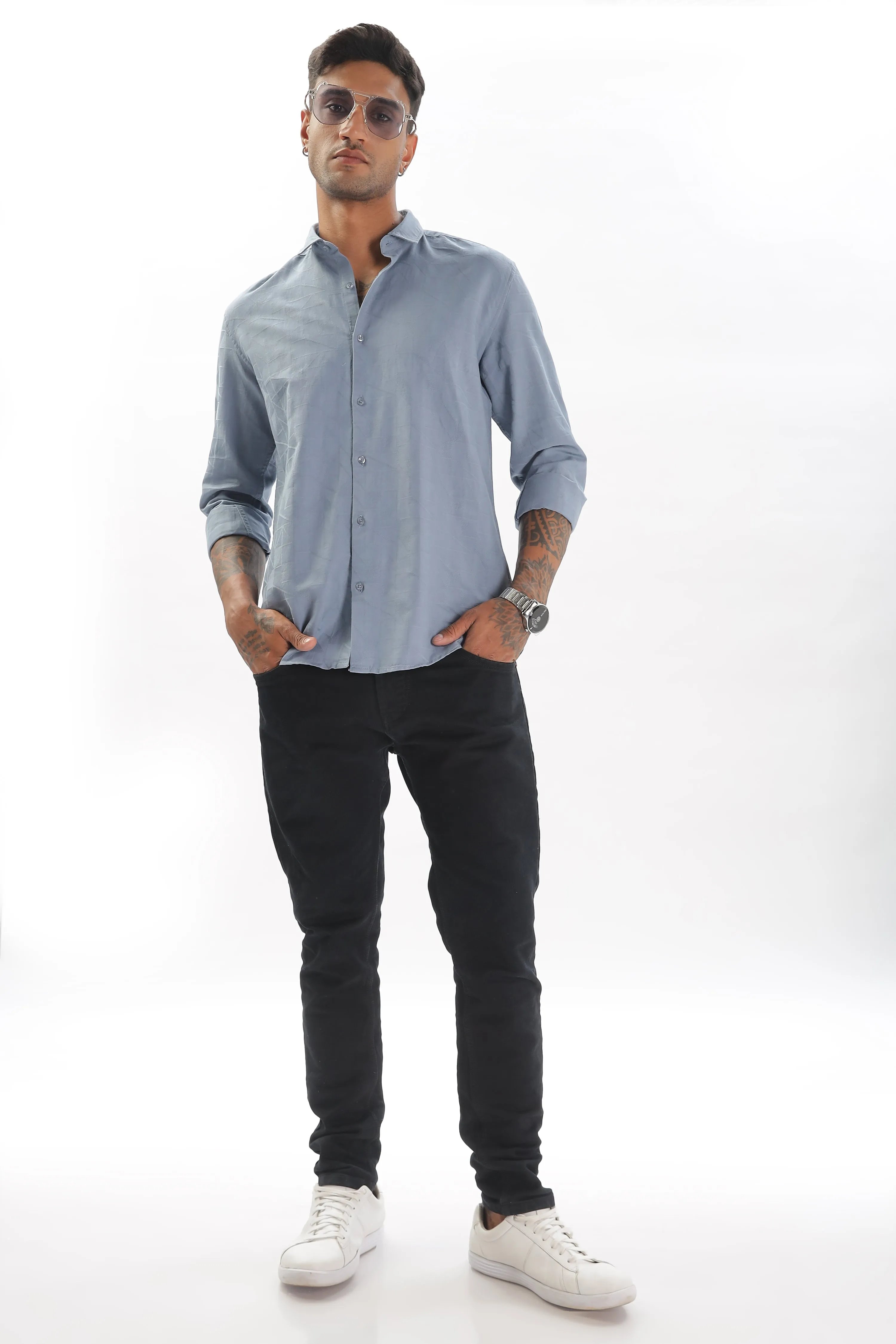 Sky Blue Textured Party Wear Shirt