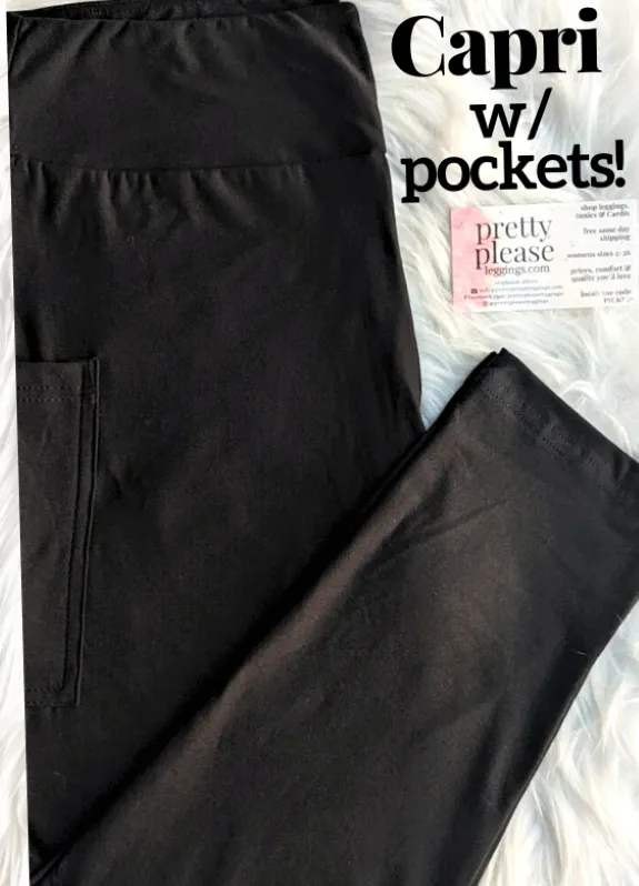 Solid Black CAPRI W/ POCKETS Double Brushed Super SOFT Yoga Band Leggings Plus OS TC TC2 Capris rts